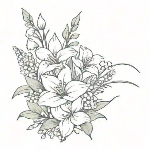 flower bouquet with lilies of the valley, Primrose, violet, gladiolus, and narcissus tattoo design idea