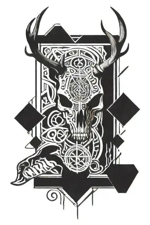 deer skull surrounded with runes engraved tattoo design idea