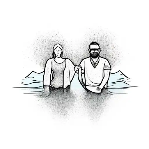 River flowing to an ocean with a couple holding hands tattoo design idea