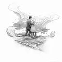 River flowing to an ocean with a couple holding hands tattoo design idea