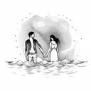 River flowing to an ocean with a couple holding hands tattoo design idea