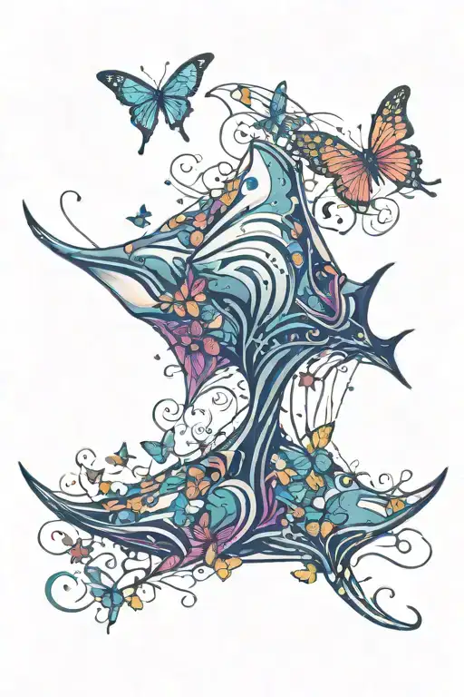 A Manta Ray surrounded by fine line styled butterflies  tattoo design idea
