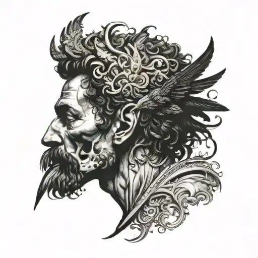 marcus aurelius half face morphing into skull with a crow tattoo design idea