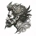 marcus aurelius half face morphing into skull with a crow tattoo design idea