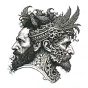 marcus aurelius half face morphing into skull with a crow tattoo design idea
