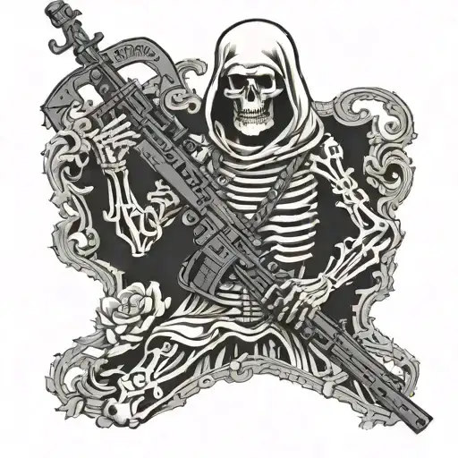 A Russian Orthodox Christian monk skeleton holding AK-47 tattoo design idea