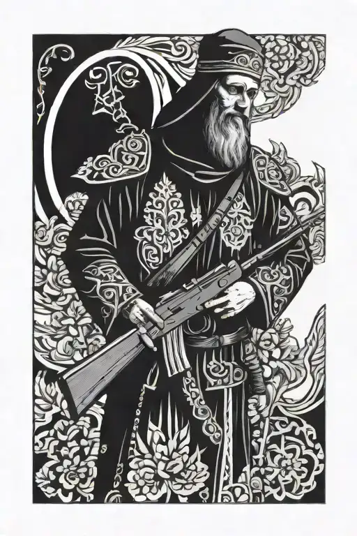 A Russian Orthodox Christian monk holding AK-47 tattoo design idea