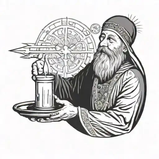 A Russian Orthodox monk holding a burning candle with a halo of light around his head tattoo design idea