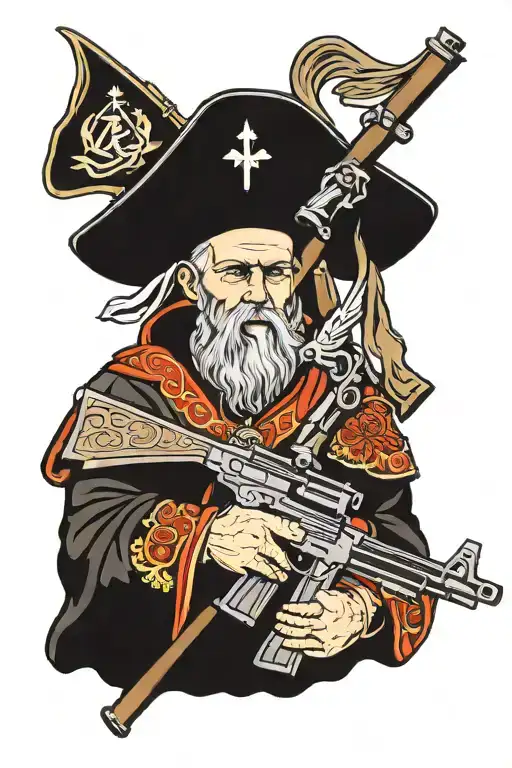 A Russian Orthodox Christian monk holding AK-47 tattoo design idea