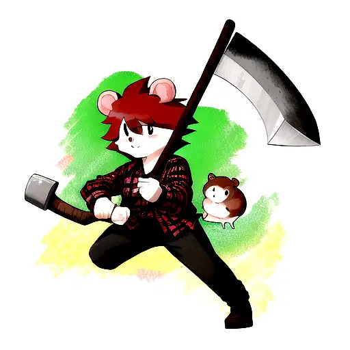 a hamster in a red and black checkered shirt with an ax in his hand looking like a lumberjack tattoo design idea
