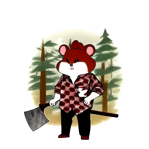 a hamster in a red and black checkered shirt with an ax in his hand looking like a lumberjack tattoo design idea