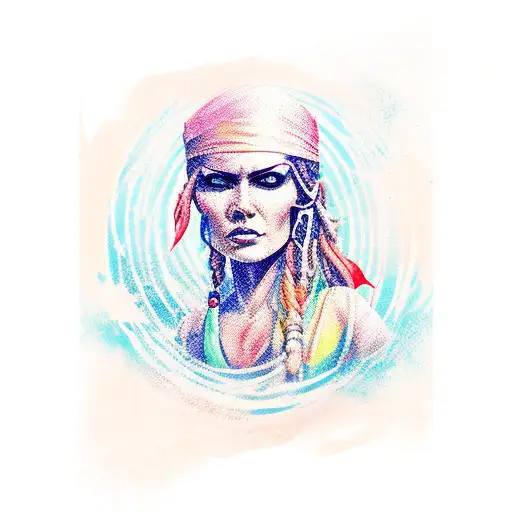 Pirate woman with a palette and paintbrush in hand, sailing the seas on a canvas ship tattoo design idea