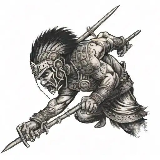 An Indian warrior engaged in a deadly fight scene with intricate dotwork details tattoo design idea