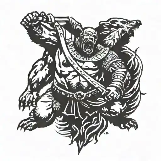 A fierce gladiator battling a bear in a hardcore blackwork style tattoo design idea