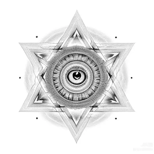 Eye of prophecy with opened eye in the middle. It is surrounded by a star of david. geometric mandala design is engulfed tattoo design idea
