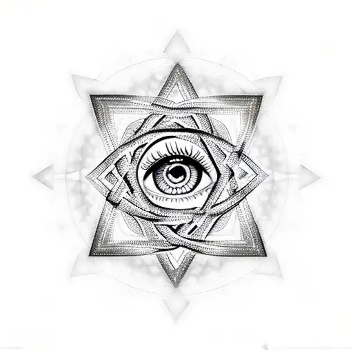 Eye of prophecy with opened eye in the middle. It is surrounded by a star of david. geometric mandala design is engulfed tattoo design idea