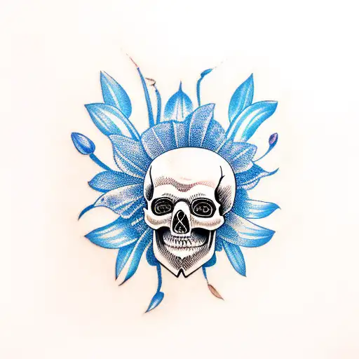 Skull with blue lilies tattoo design idea