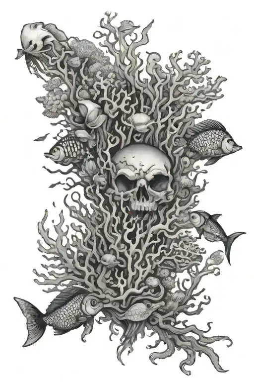 underwater world full of coral and sea creatures surrounding tattoo design idea