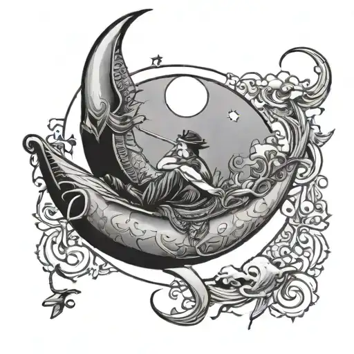 crescent moon with person laying on top fishing  tattoo design idea