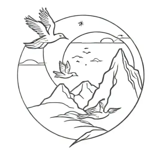 A mountain with sun in the background and doves flying, outlines tattoo design idea