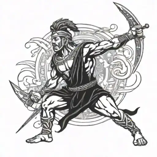 greek warrior with a sword with martial art black belt tide around his wais tattoo design idea
