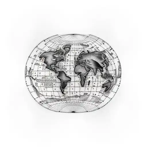 A realistic portrait of a musician playing an instrument in front of a world map tattoo design idea