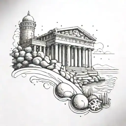 A tattoo of a serene scene of Agrigento's ancient ruins with sea creatures intertwined, inspired by anime aesthetics tattoo design idea