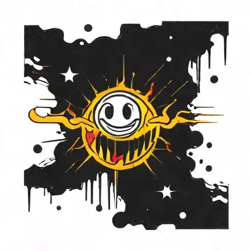 acid house smiley face with explosions and paint spatters tattoo design idea
