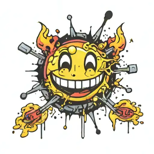 acid house smiley face with explosions and paint spatters tattoo design idea