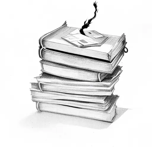 stack of open books, top book open with smoke coming out and starts, fantasy, scifi tattoo design idea
