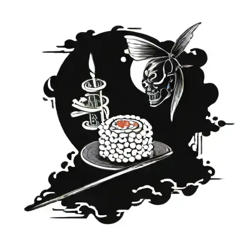 A sushi-themed tattoo incorporating elements of Japanese culture and horror movies for a unique twist tattoo design idea