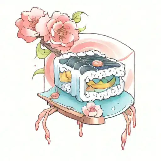 A sushi-themed tattoo incorporating elements of Japanese culture and horror movies for a unique twist tattoo design idea