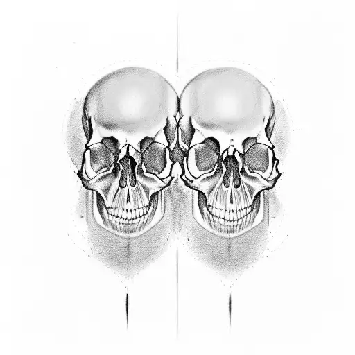Minimalist and realistic tattoo of two skull skulls on top of each other each looking in different directions with a swo tattoo design idea