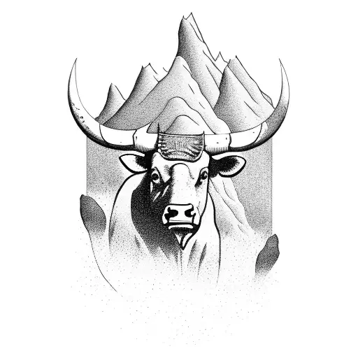 A majestic bull riding through a rugged mountain landscape tattoo design idea