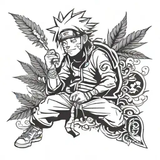 A tattoo of Naruto smoking marijuana in a blackwork style tattoo design idea
