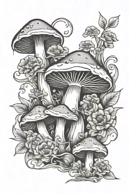 Halloween themed tattoo with mushrooms and flowers tattoo design idea