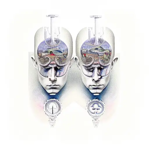A surrealistic representation of the dual nature of man: a pair of ornate, Victorian-style mirrors, reflecting two oppos tattoo design idea