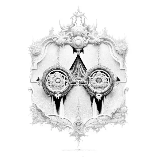 A surrealistic representation of the dual nature of man: a pair of ornate, Victorian-style mirrors, reflecting two oppos tattoo design idea