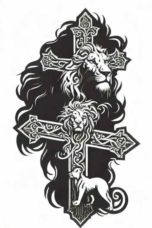 Cross surrounded by jesus and a lion head tattoo design idea