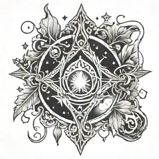 Amulet:  A ghost in the center, with gothic elements around it, perhaps in the form of leaves or crystals. Small stars o tattoo design idea