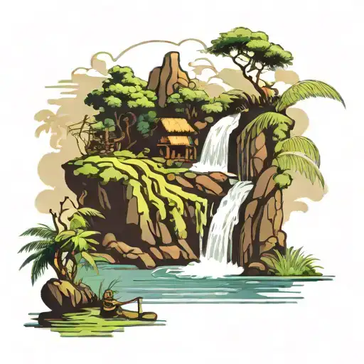 waterfall in a vietnamese rice field with fishermen tattoo design idea
