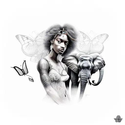 black girl with curly hair in pandora with elephants and butterflies tattoo design idea