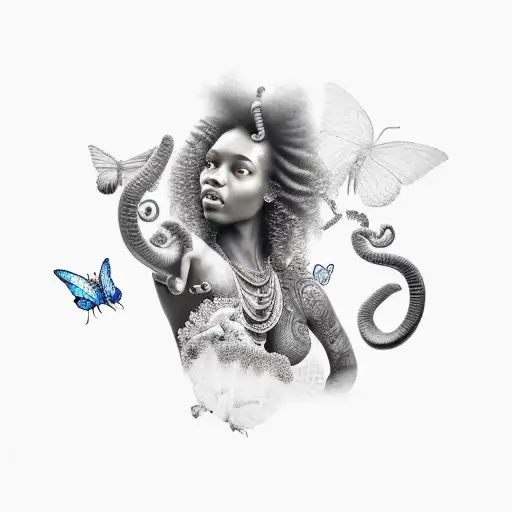 black girl with curly hair in pandora with elephants and butterflies tattoo design idea