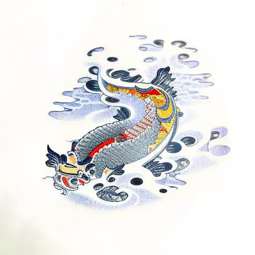 Samurai gazing towards shrine and koi fish climbing up waterfall towards shrine tattoo design idea