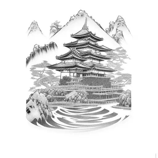 Samurai gazing towards shrine and koi fish climbing up waterfall towards shrine tattoo design idea