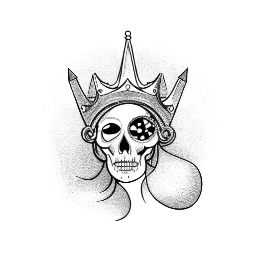 dagger going through raven skull wearing a crown and round glasses , feather like background tattoo design idea
