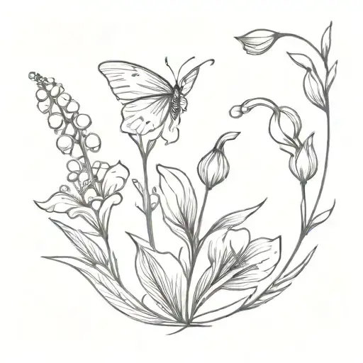 lily of the valley and cosmos flower and butterfly tattoo design idea