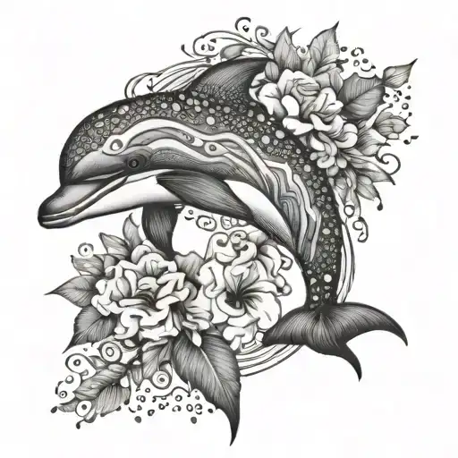 dolphin floral tattoo design idea