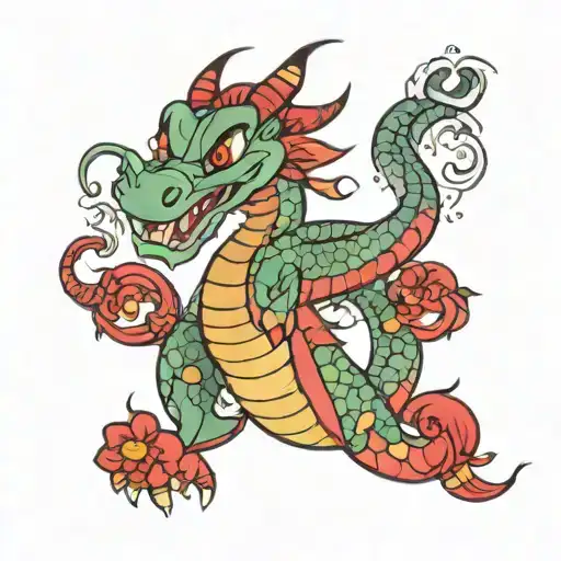 Mushu from the cartoon Mulan circular drawing tattoo design idea