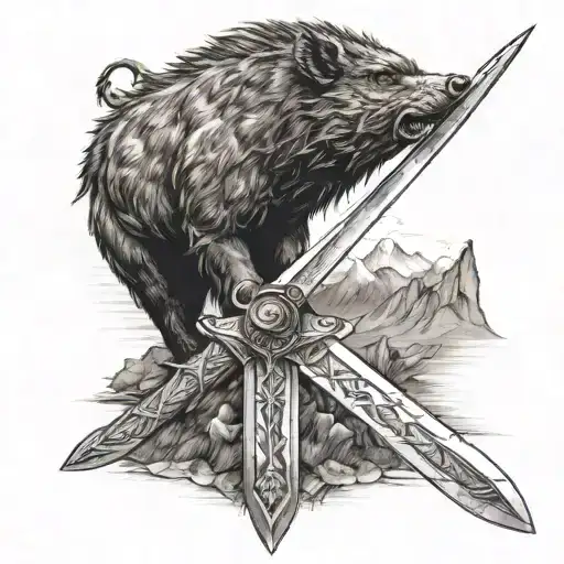 boar scottish claymore sword with mountains tattoo design idea